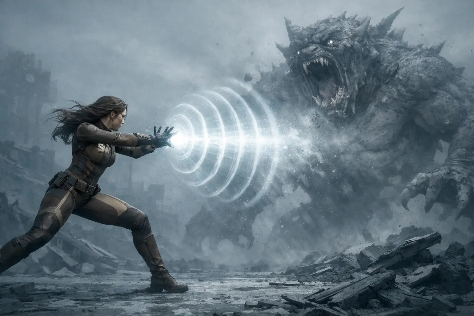 Female superhero unleashing sonic power at towering monster