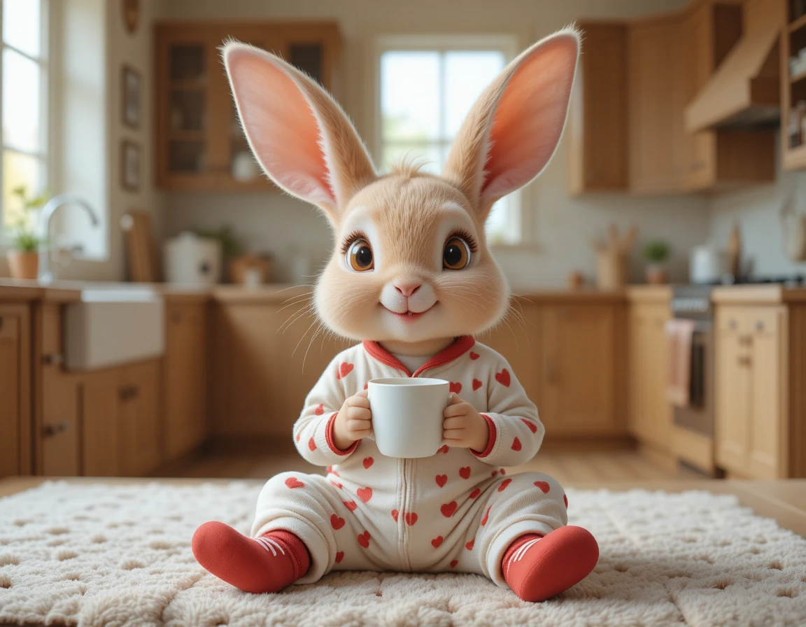 Cute rabbit in heart pajamas holding a warm drink