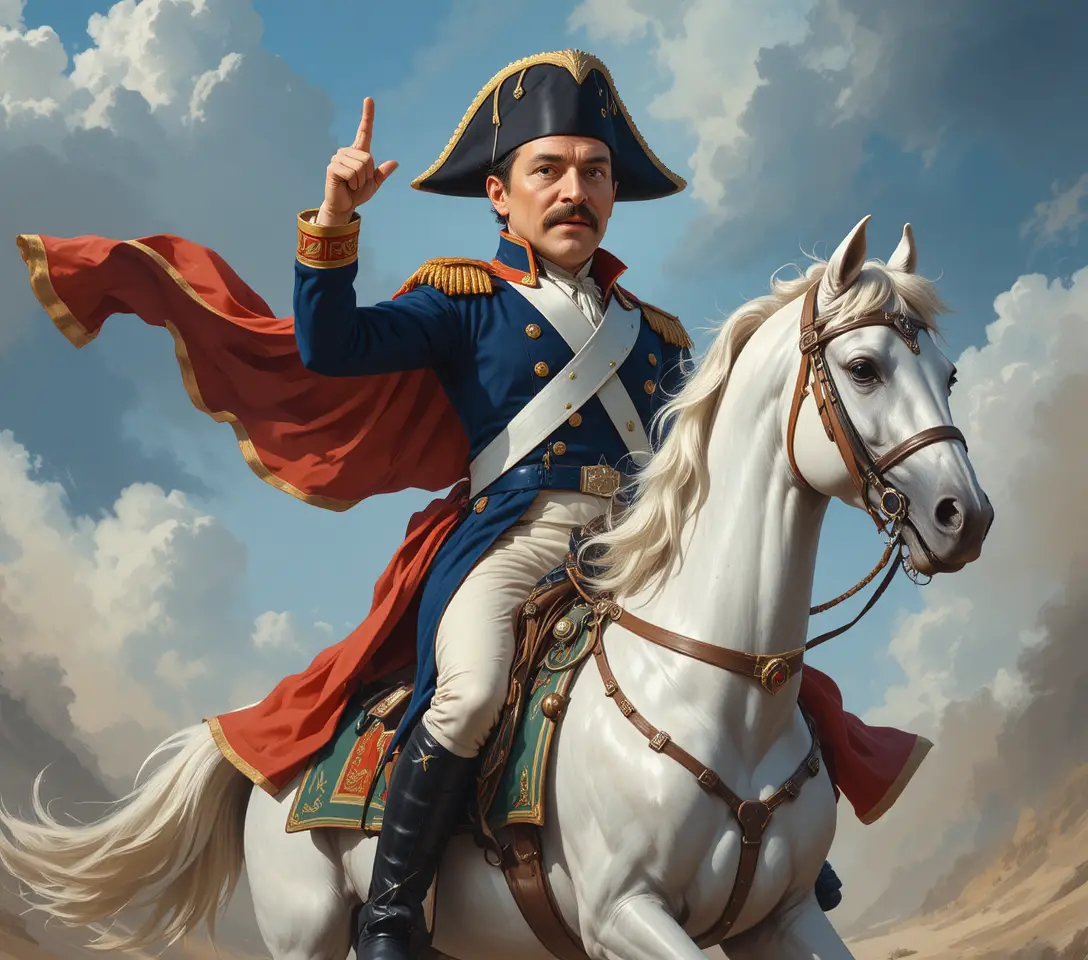 Napoleon on a white horse in a heroic classical painting