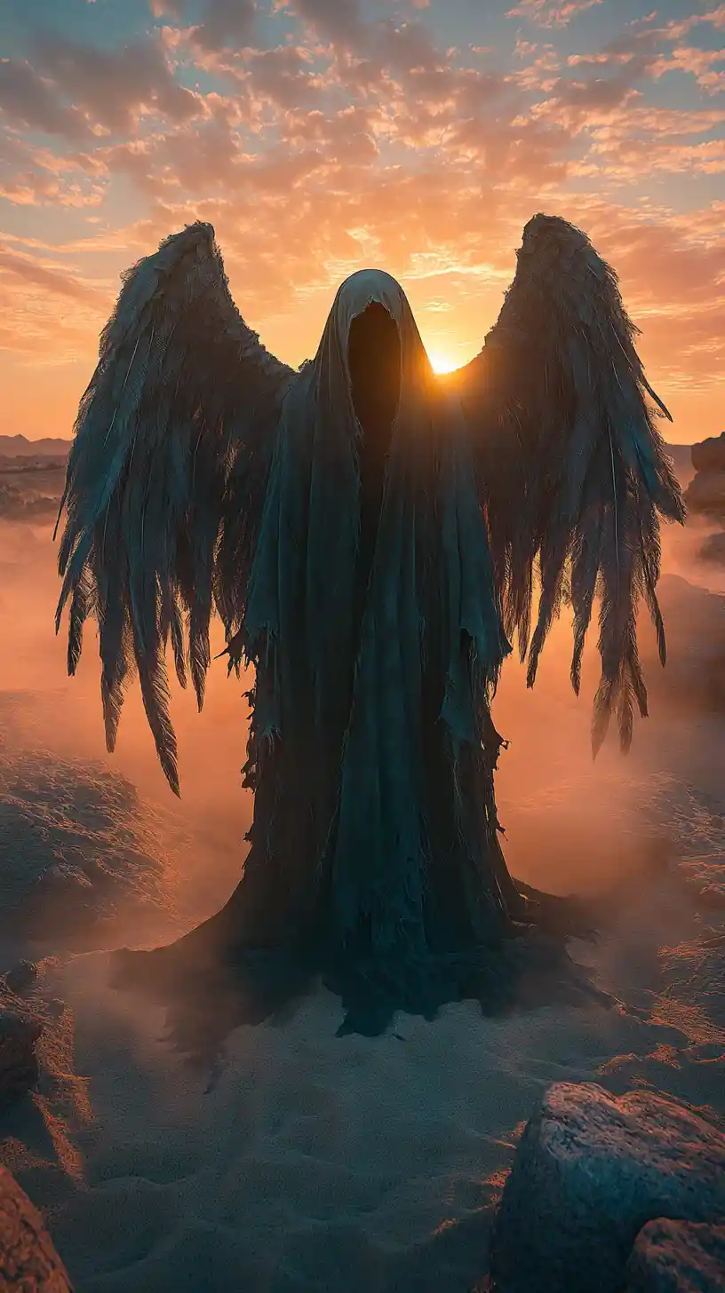 Monumental hooded angel on rocky dune at sunset