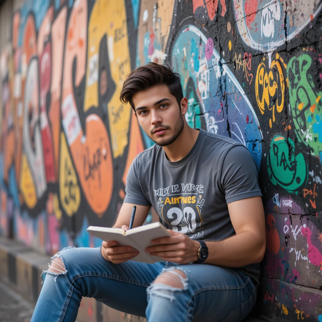 Giovane che schizza idee accanto a un colorato muro di graffiti