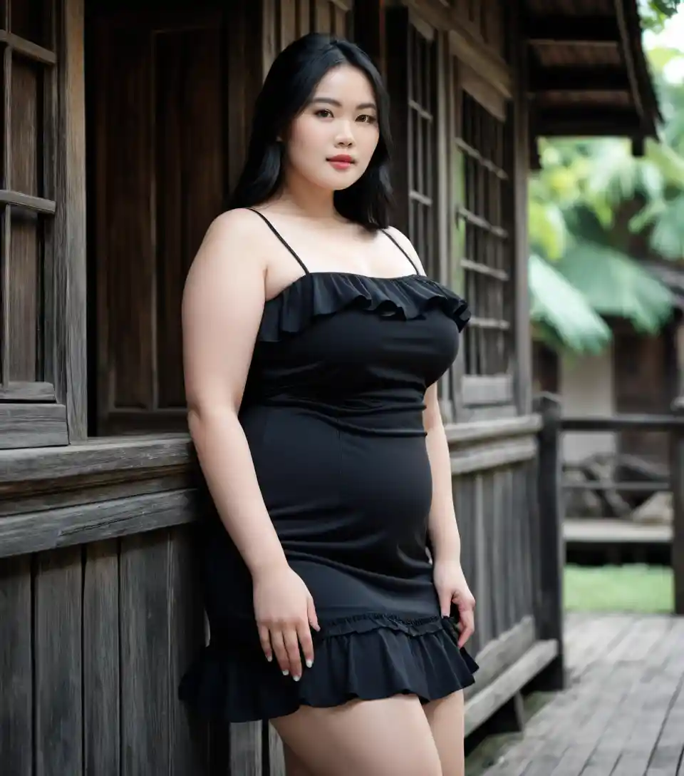 Vietnamese woman in short swim dress by wooden house