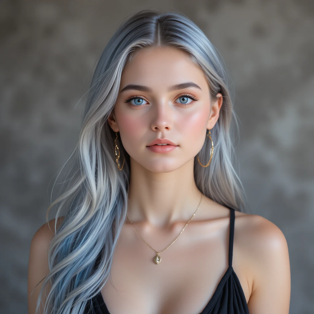 Elegantes Porträt einer jungen Frau mit silberblauen Haaren