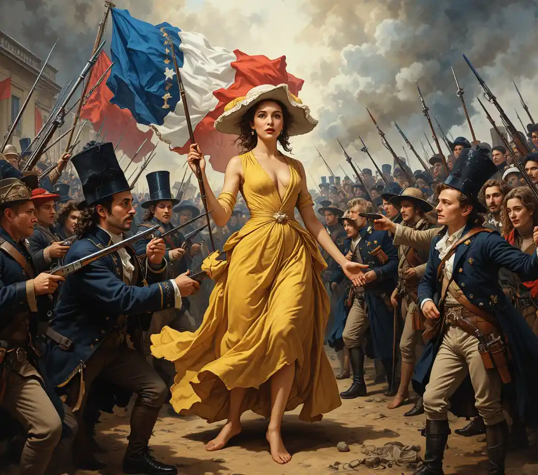 Allegorical liberty leading revolutionaries through smoky battlefield