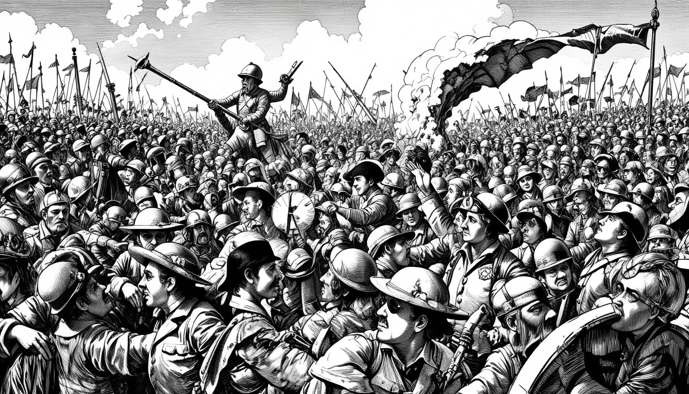 戦場の群衆を描いた混沌とした白黒エッチング