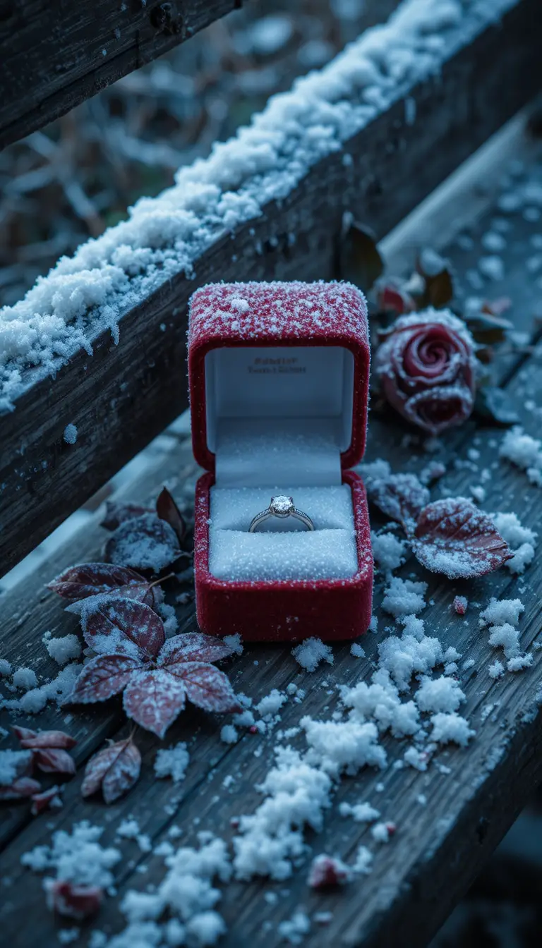 Anello di fidanzamento ghiacciato su panchina di legno brinata in inverno