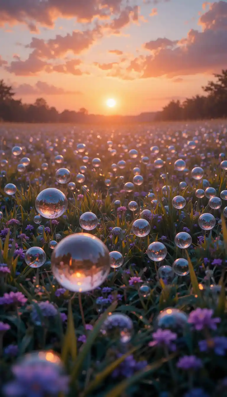 Surreal sunrise meadow with oversized crystal dew droplets