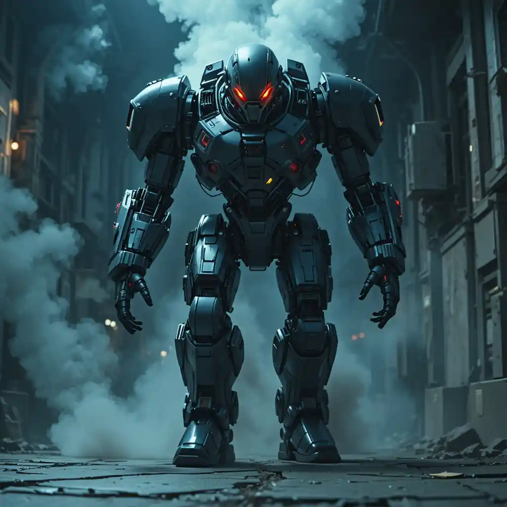 Massive robot advancing through cracked city street at night
