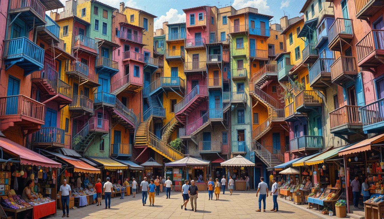 Multi level city marketplace with staircases and balconies