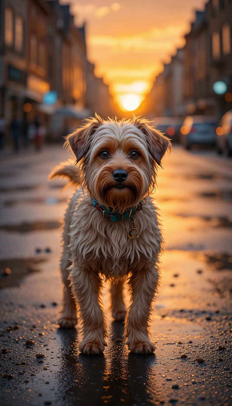 Zotteliger Terrierhund auf nasser Straßen in der Stadt bei Sonnenuntergang