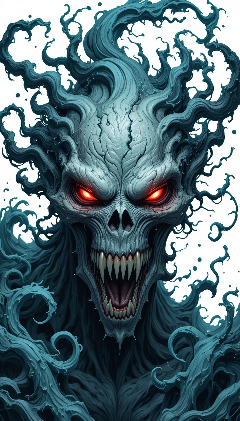 Calavera de monstruo siniestra con ojos rojos brillantes sobre fondo blanco