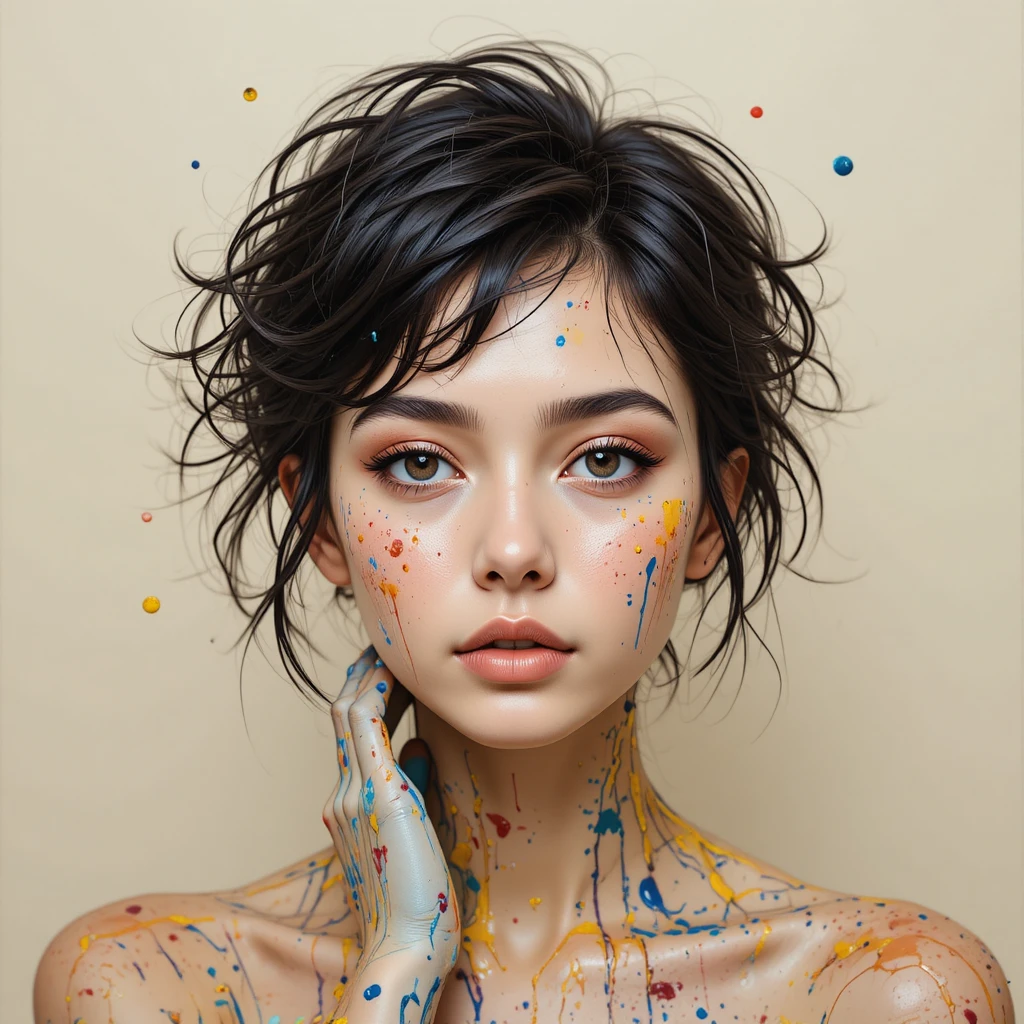 Young woman with painted hair and colorful splattered skin