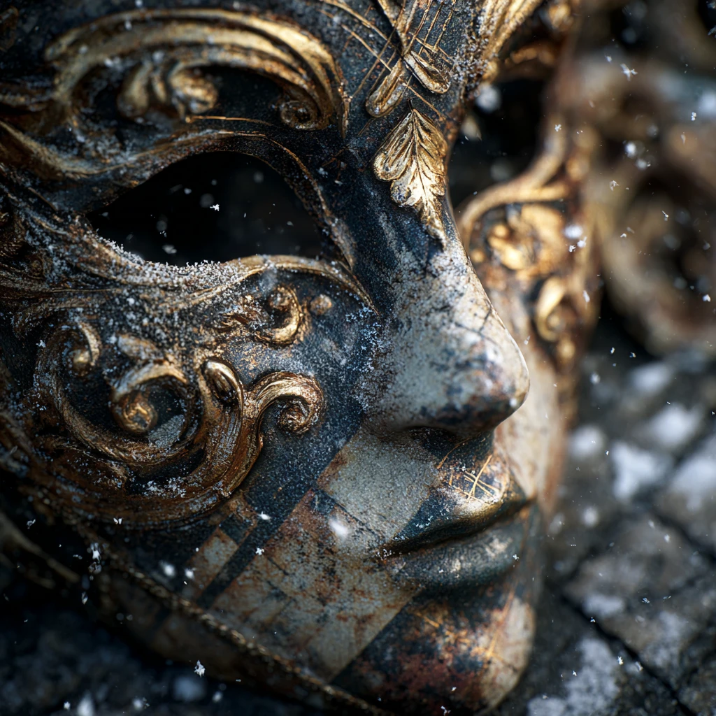 Venetian mask on wet cobblestone with falling snow