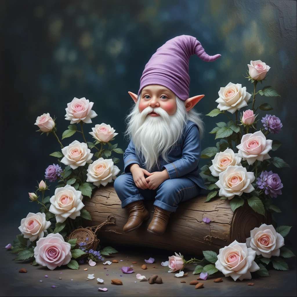 Gnome Resting On Forest Log Among White And Purple Roses