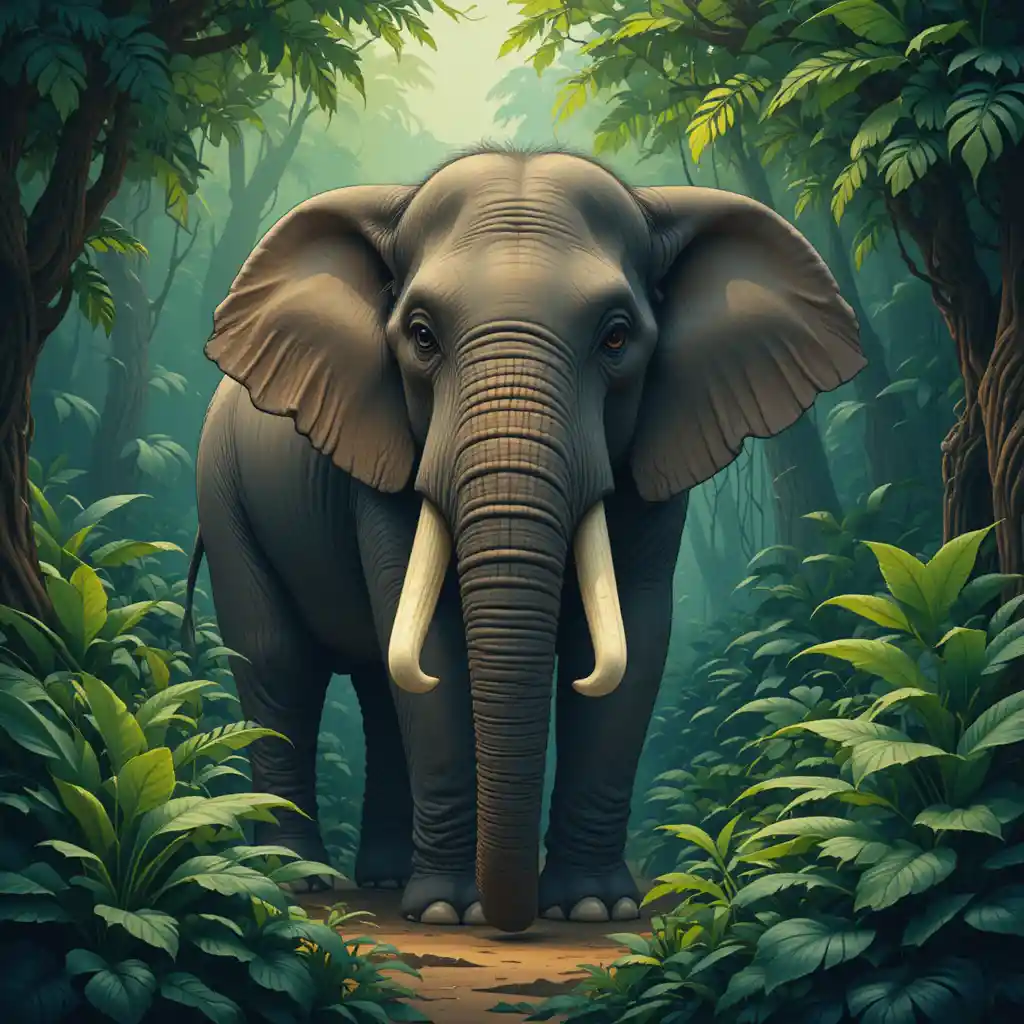 Gentle elephant standing quietly in a lush green jungle