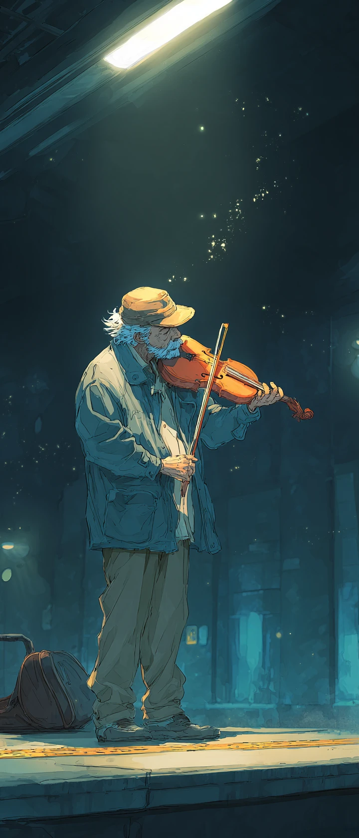 Violinista callejero anciano en un andén de metro vacío a medianoche