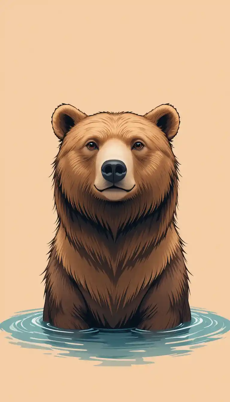 Volto di orso bruno che emerge da morbida acqua color pesca