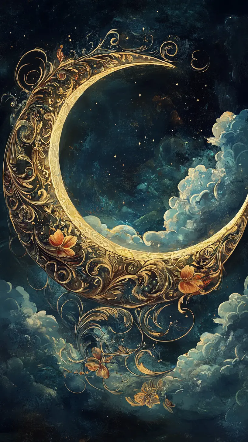 Ornate crescent moon and bear spirit in celestial space