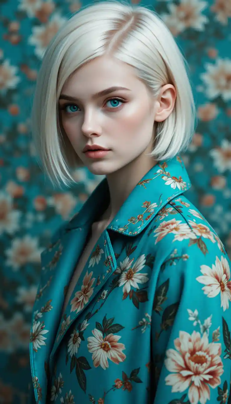 Serious blue eyed girl in teal floral coat portrait