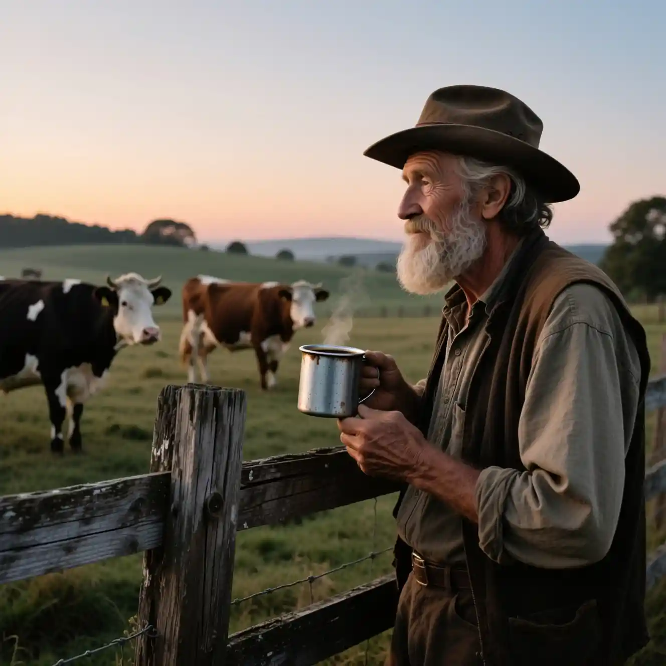 Old farmer drinking coffee by a wooden fence at dawn
