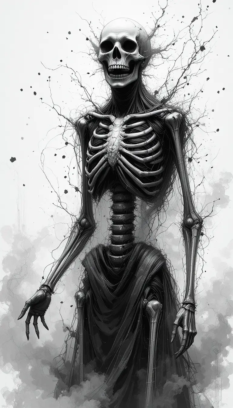 Creepy skeletal figure reaching through swirling ghostly mist