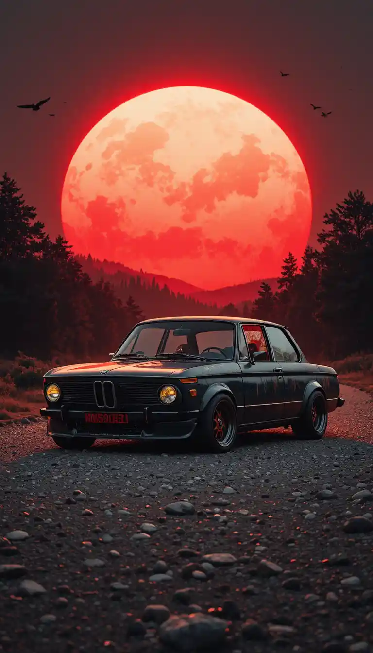 Vintage BMW sedan on gravel road with red sun backdrop