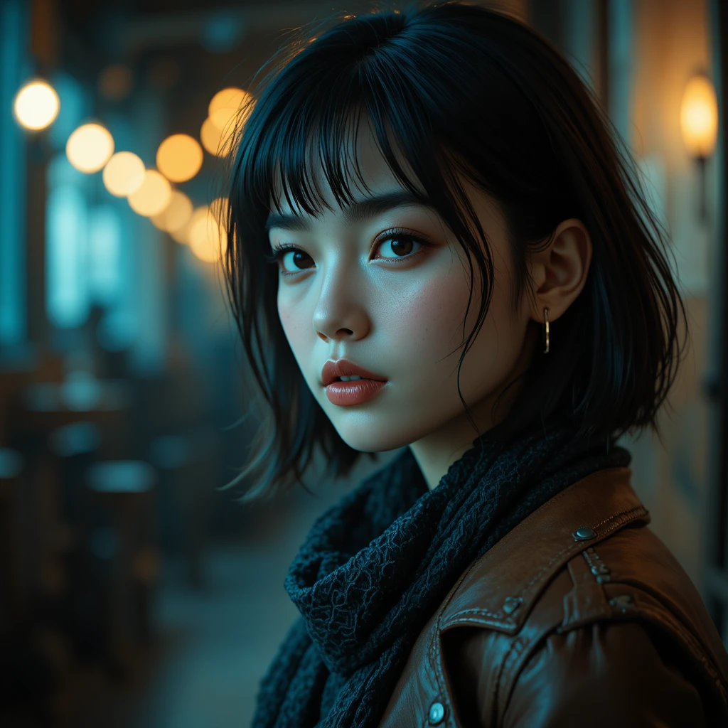 Cinematic portrait of a young woman in leather jacket