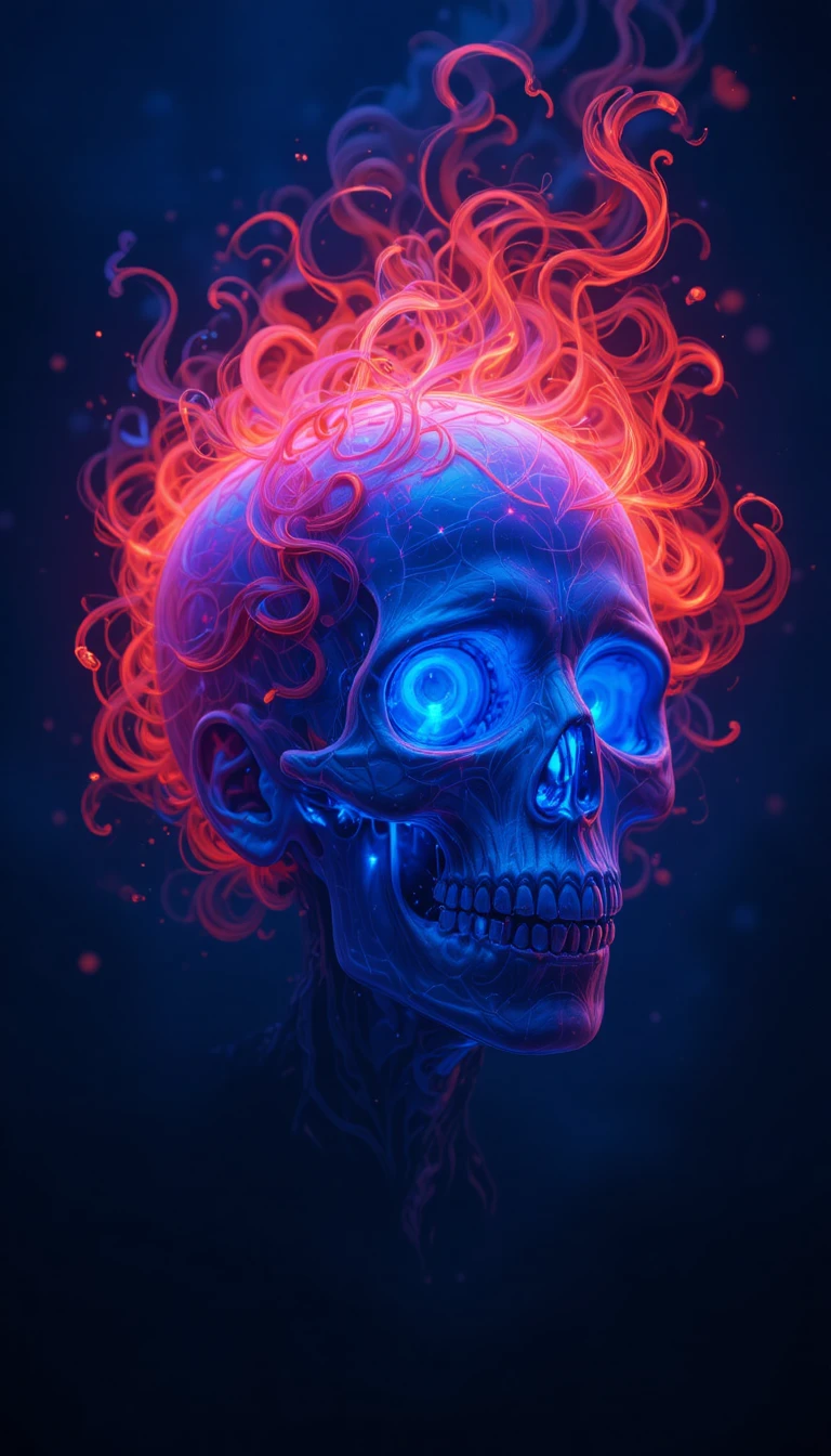 Teschio Luminoso con Capelli Rossi Fiammeggianti su Sfondo Blu Scuro