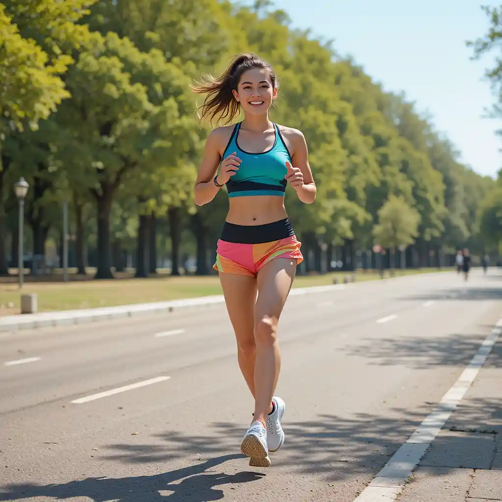 Sporty woman running through a sunny urban city park