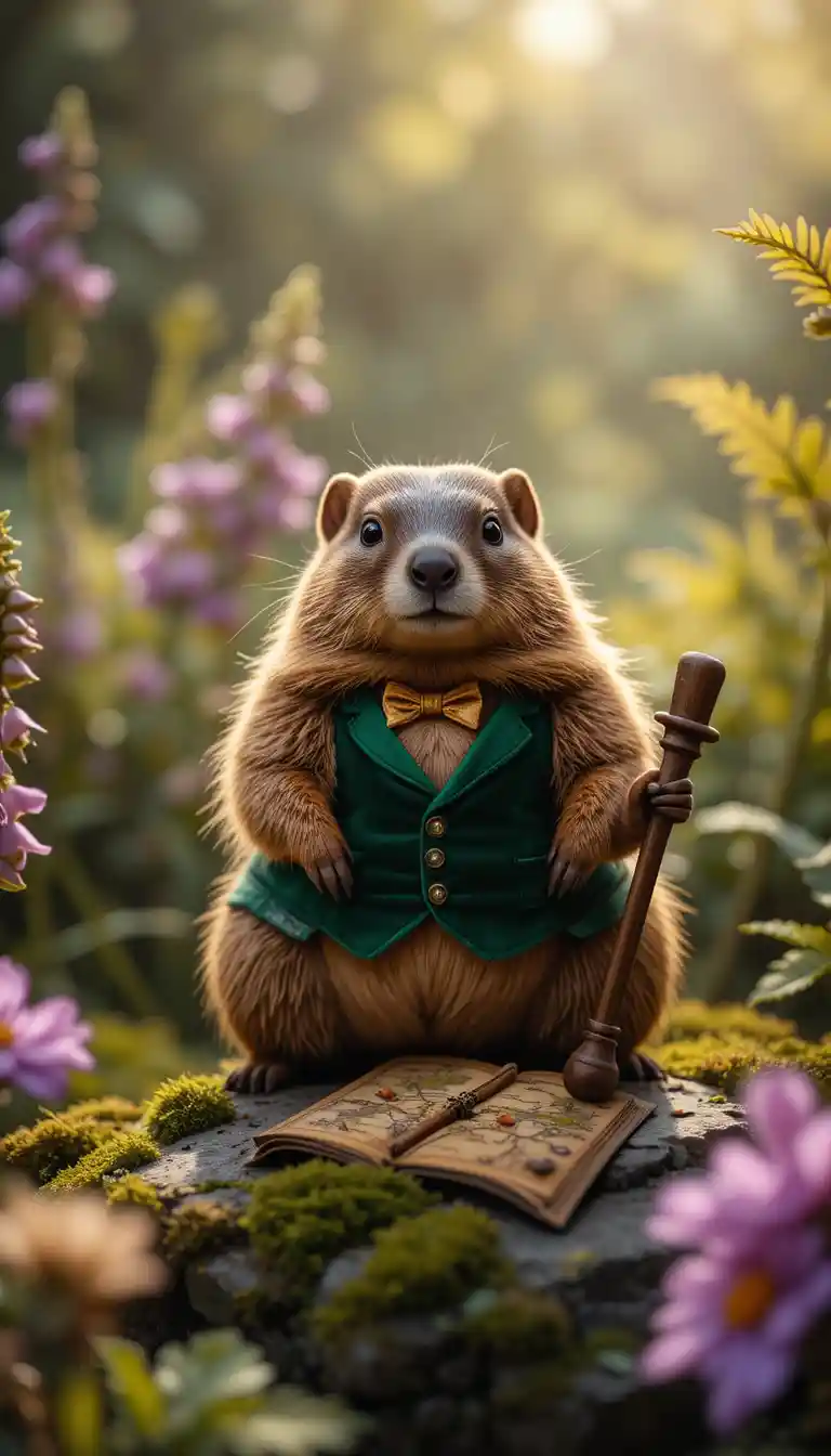 Primo piano cinematografico di una marmotta elegante in un giardino