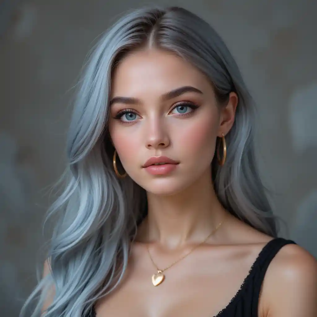Elegantes Porträt einer jungen Frau mit silberblauen Haaren