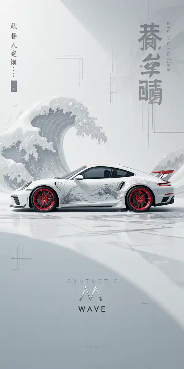 Futuristic white sports car in synthetic wave landscape