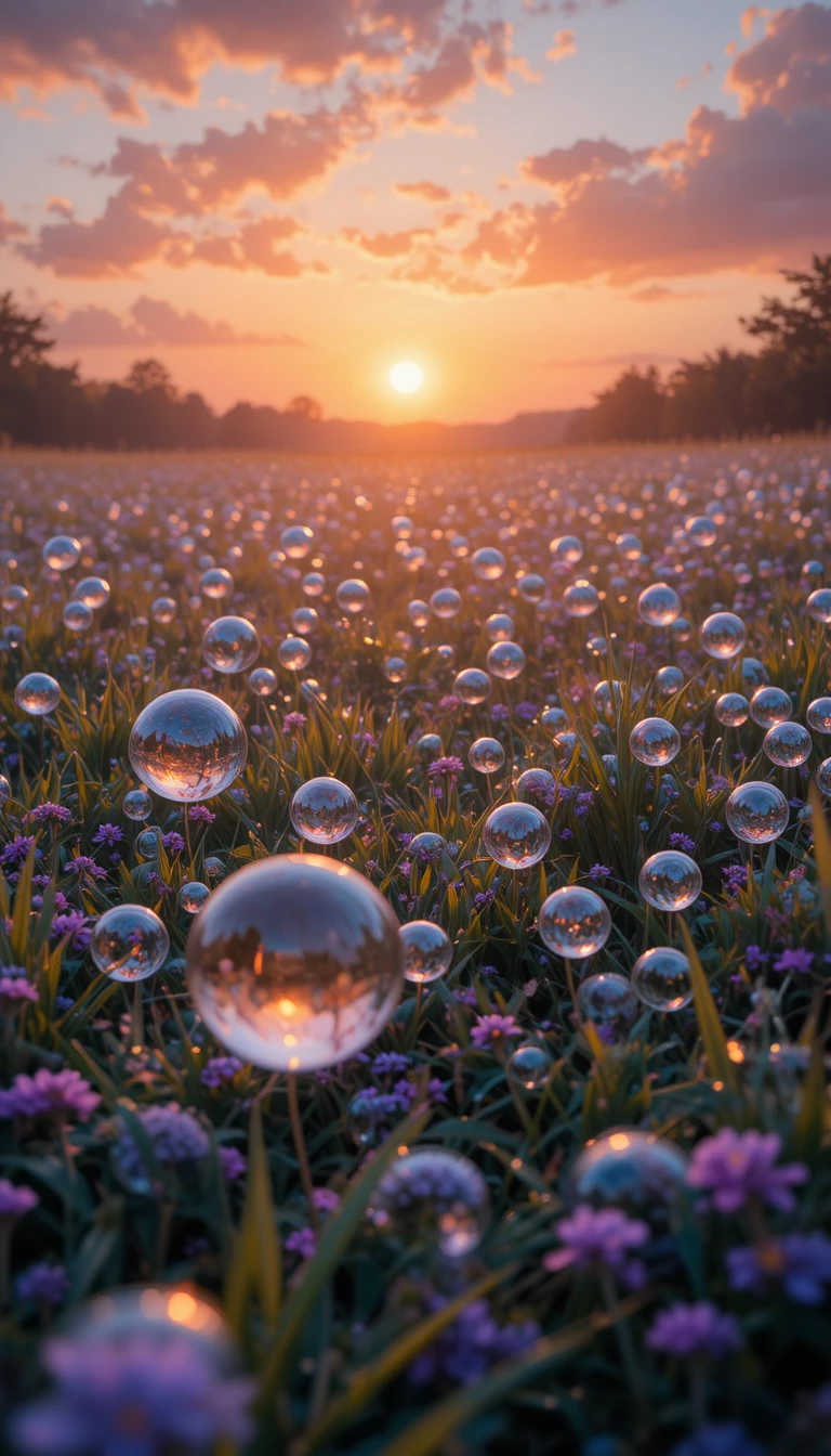 Surreal sunrise meadow with oversized crystal dew droplets