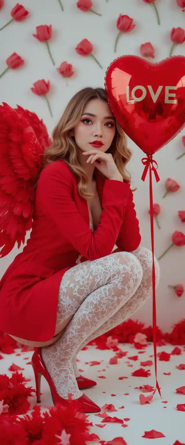 Mujer con blazer rojo, globo en forma de corazón y alas