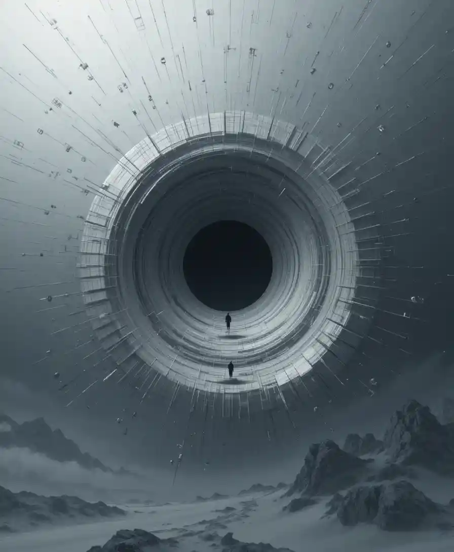 Abstract void with a single dark point in probability fields