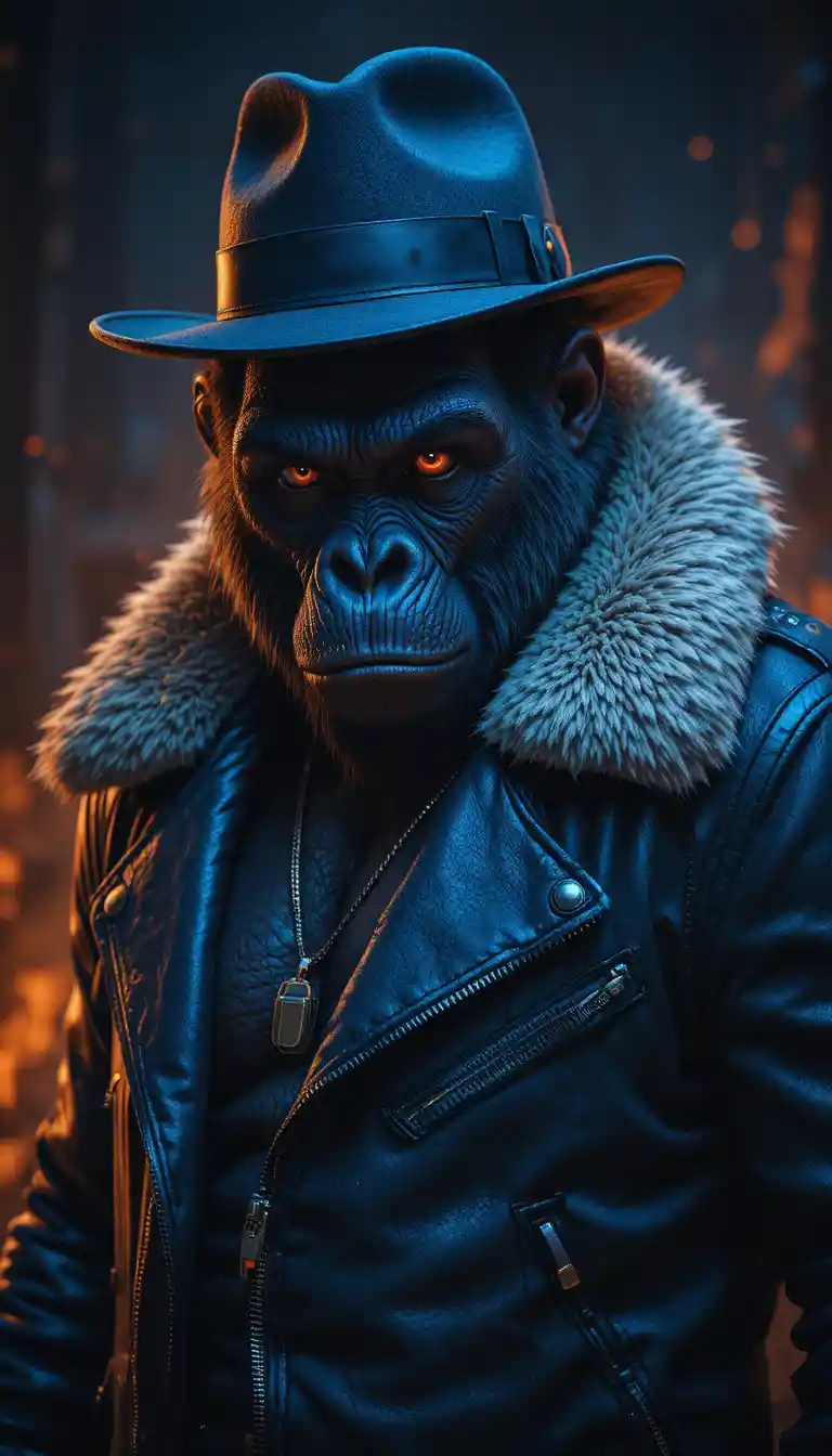 Gorilla In Blue Leather Jacket With Fedora And Red Eyes