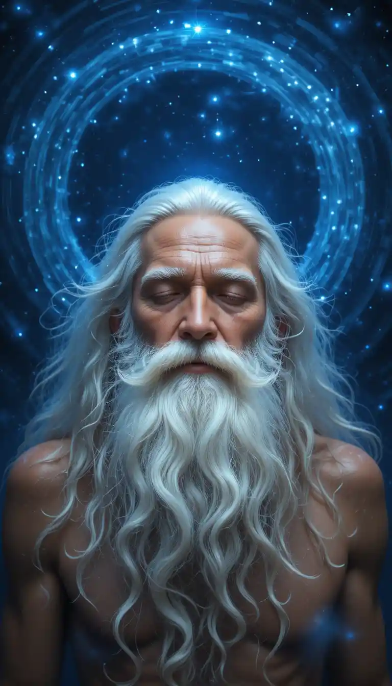 Wise old man with flowing white beard in cosmic blue space