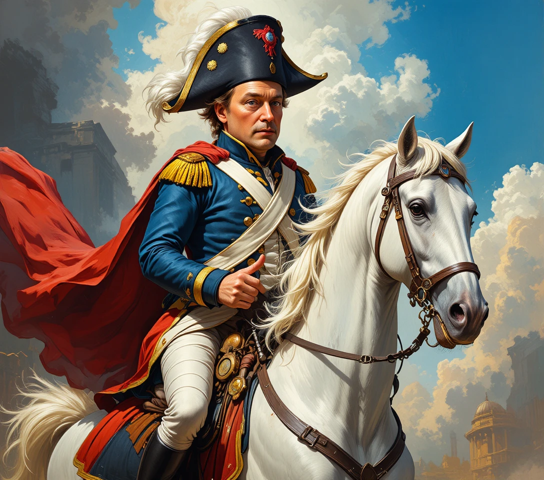 Napoleon on a rearing white horse in classical military portrait