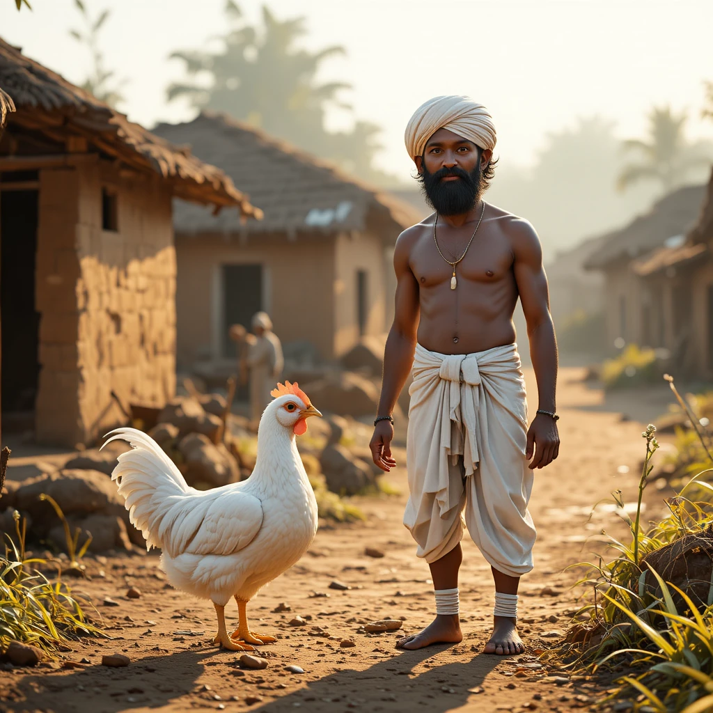 Campesino indio con gallina blanca a la luz de la mañana rural