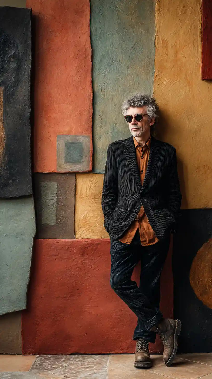 Stylish man leaning on abstract textured collage wall
