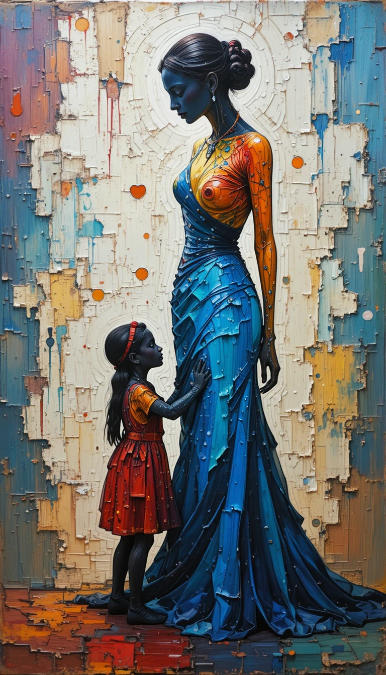 Dipinto acrilico a impasto di madre e figlio semi figurativi