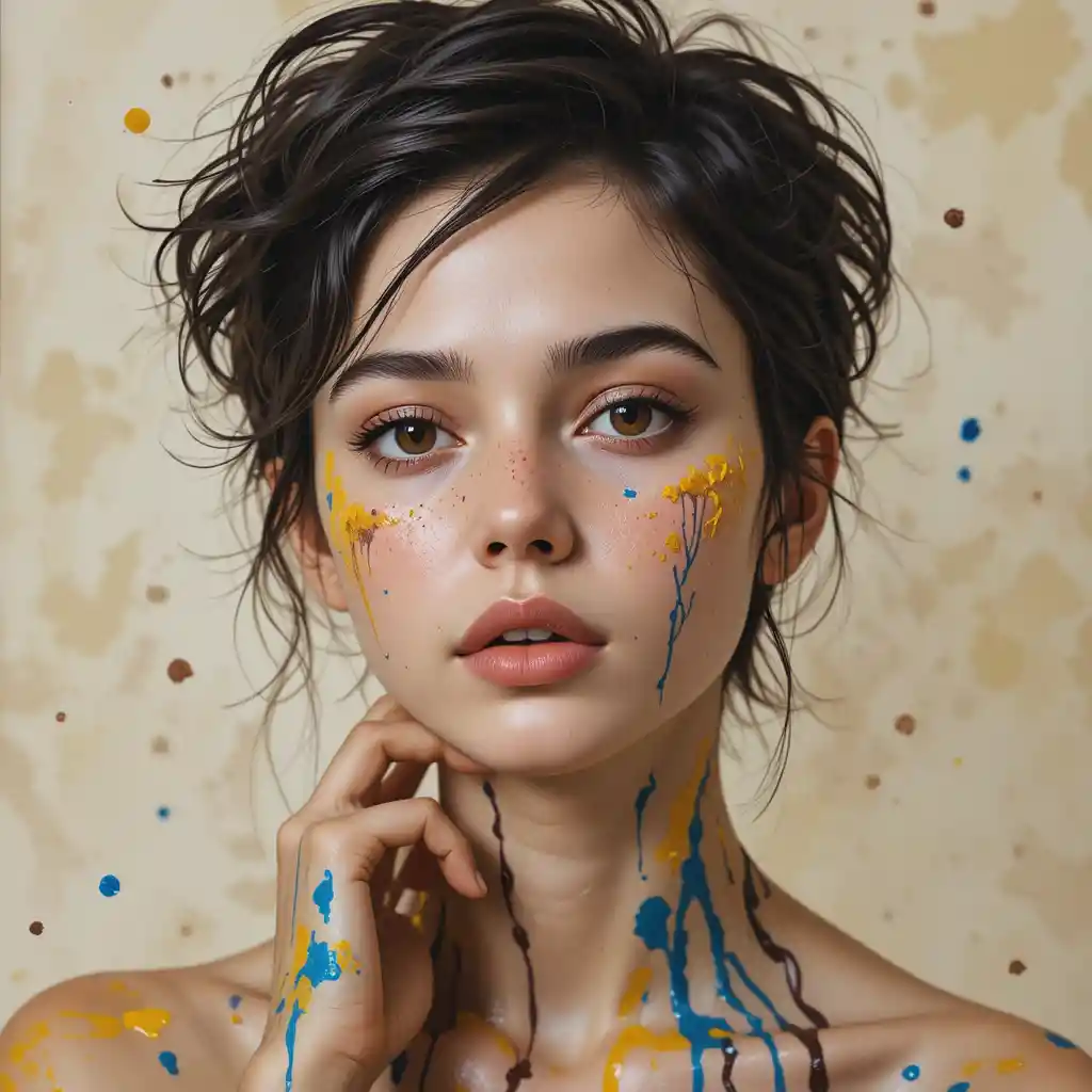 Serene painted girl portrait with colorful splashed hair