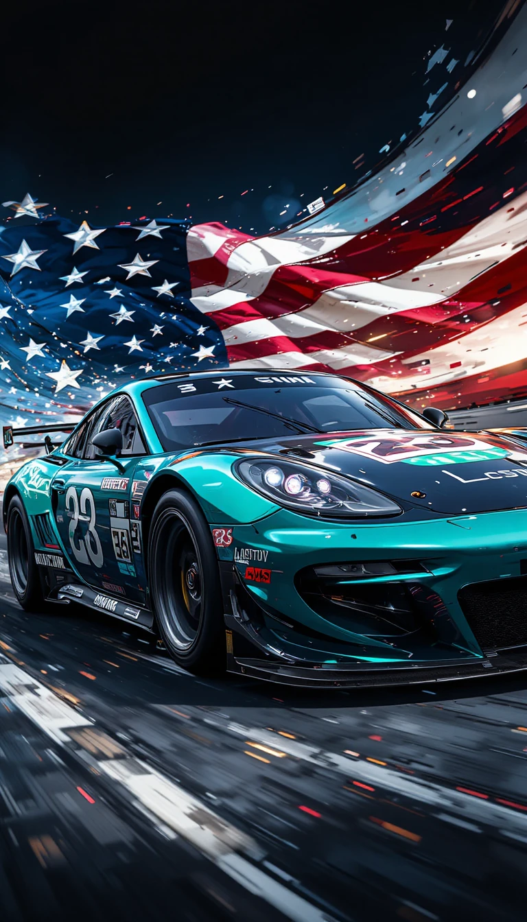 ダイナミックな愛国的モーションの中を疾走するナンバー23のティール色レーシングカー