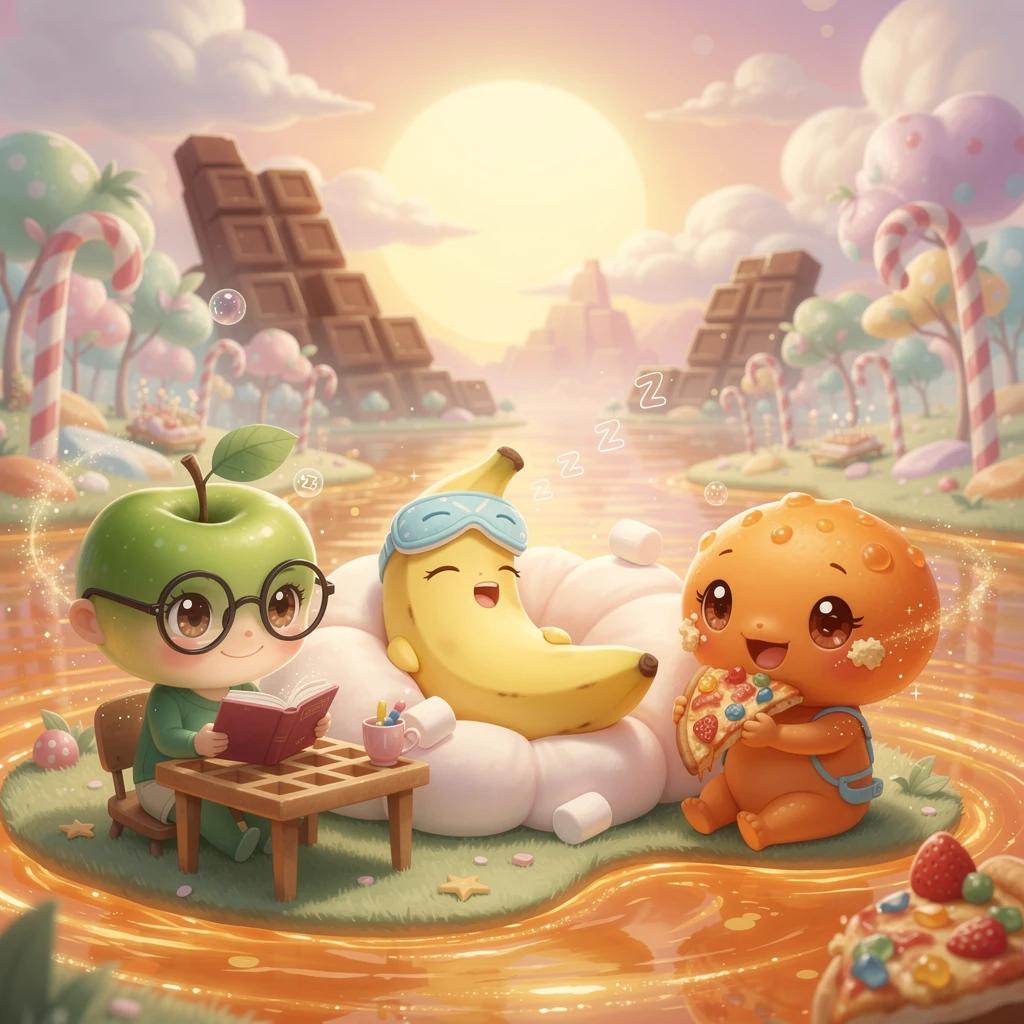 Tiernos amigos frutales estudiando y relajándose en Yumtopia