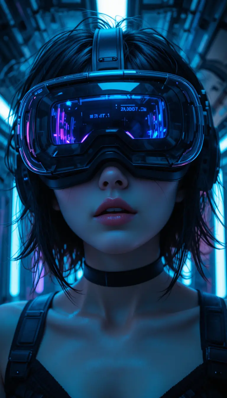 Cyberpunk anime girl in neon vr headset close up