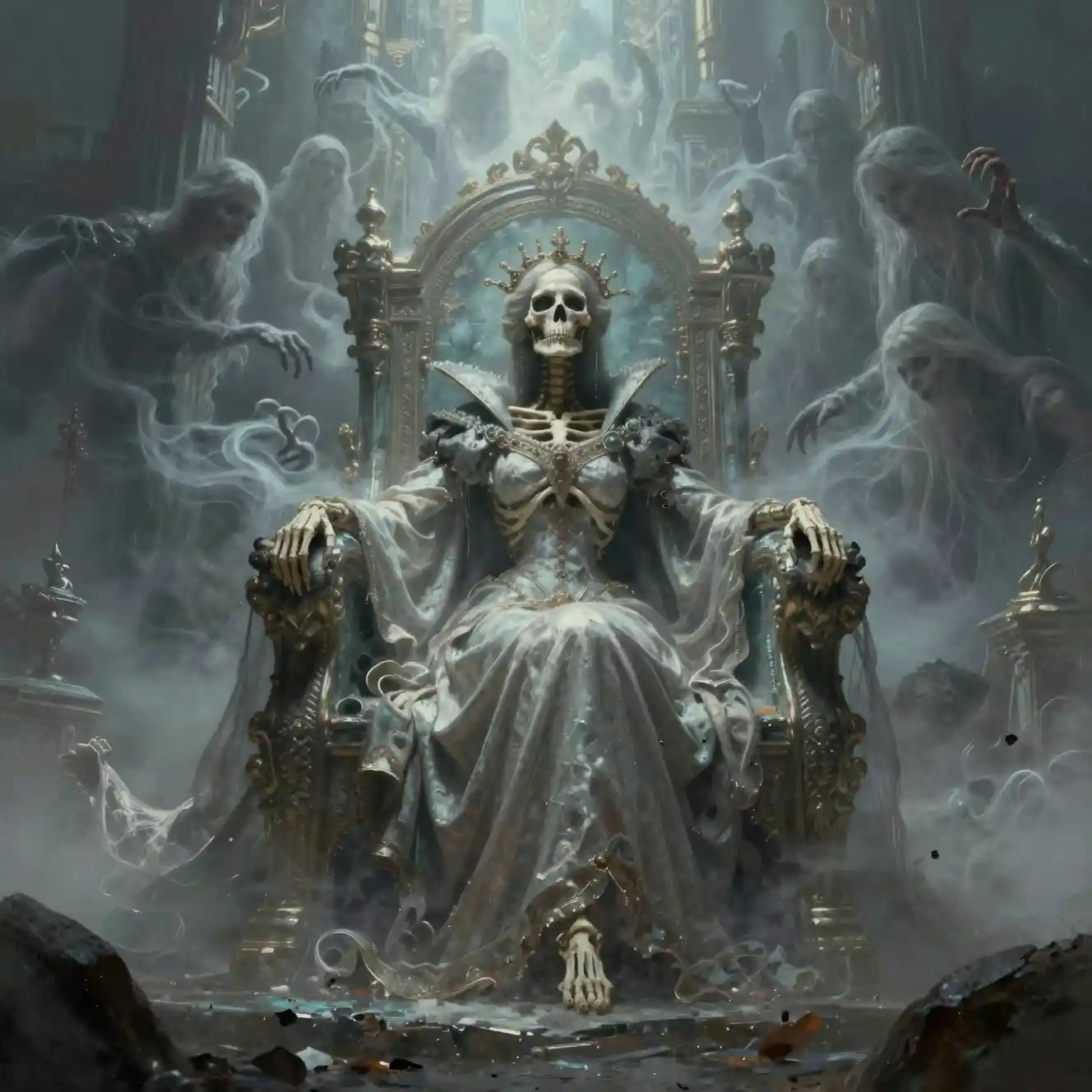 Skeletal queen on an obsidian throne amid ghostly swirling mist