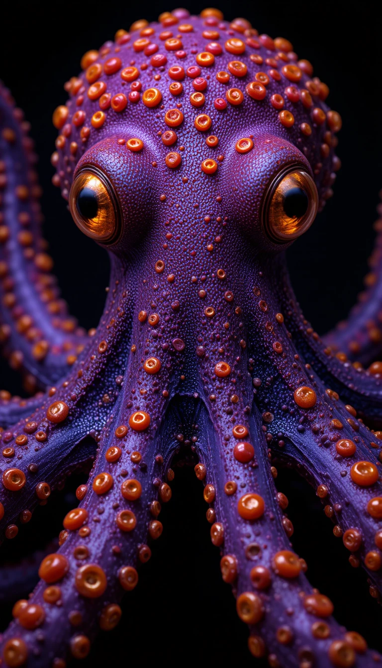 Nahaufnahme eines violetten Oktopus mit leuchtend orangen Saugnäpfen
