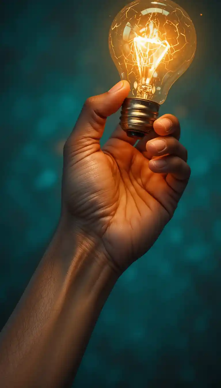 ティールの背景に発光する電球を握る手