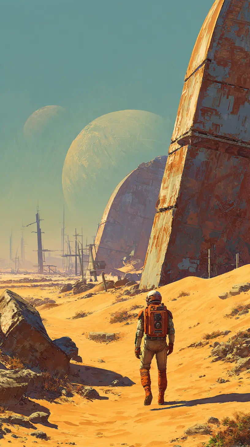 Lone astronaut crossing desert toward alien monolith