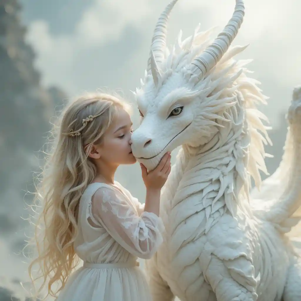 Girl Gently Embracing A Wise White Dragon In Heaven